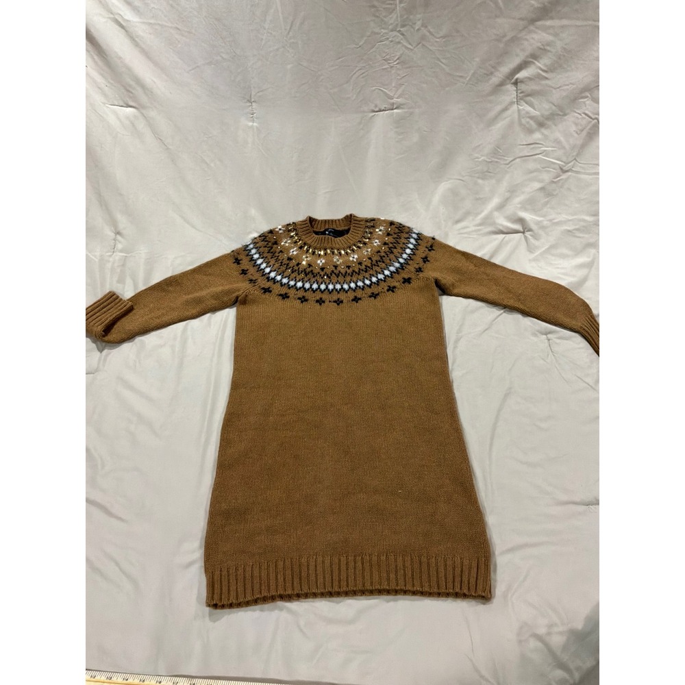 J.Crew Fair Isle Beaded Sweater Dress Camel Brown Knit Embellished Womens Medium